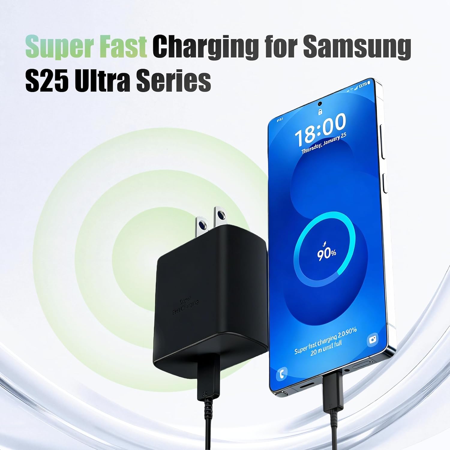 Detalle de QFA 45W USB-C Charger with 6FT C-to-C Cable — Fast USB-C PD Charging for Samsung Galaxy S25/S24/S23 Ultra and More