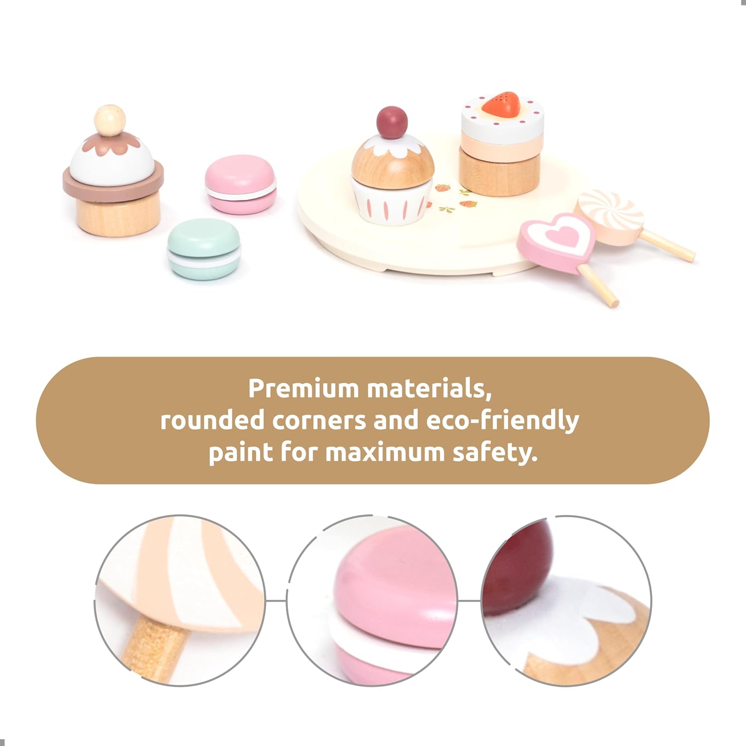 Detalle 2 de UMU® Wooden Children's Kitchen Dessert Play Set with Stand – Safe, Classic Wooden Toy for Ages 3–6