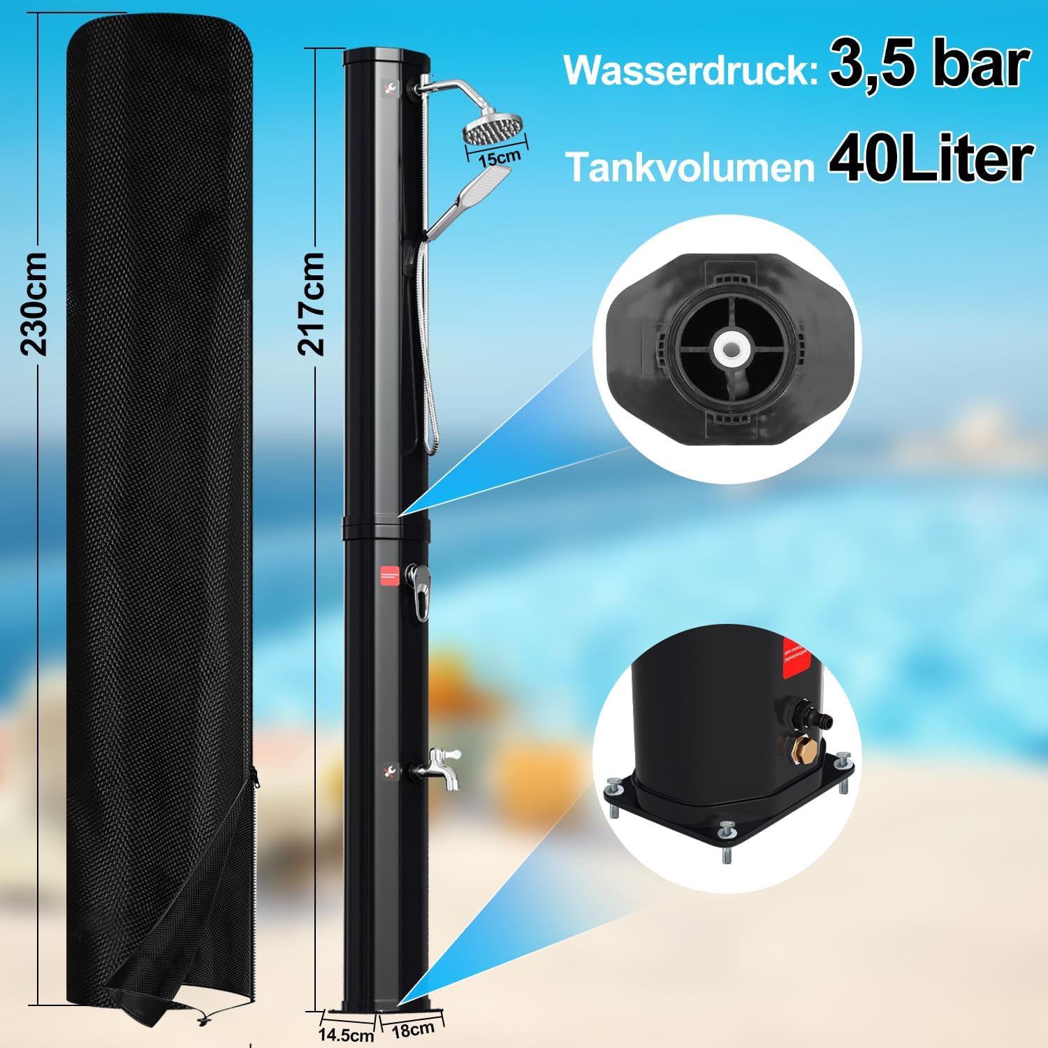 Thumbnail 1 de Ansobea Solardusche 40 Liter Solar-Gartendusche mit Schutzhülle, 180° schwenkbarem Duschkopf und Fußdusche