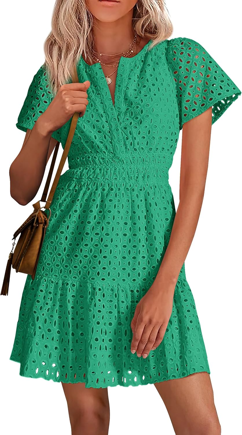 Detalle de PRETTYGARDEN Women’s 2026 Summer Short Dress with V-Neck, Short Sleeves & Hollow-Out Lace