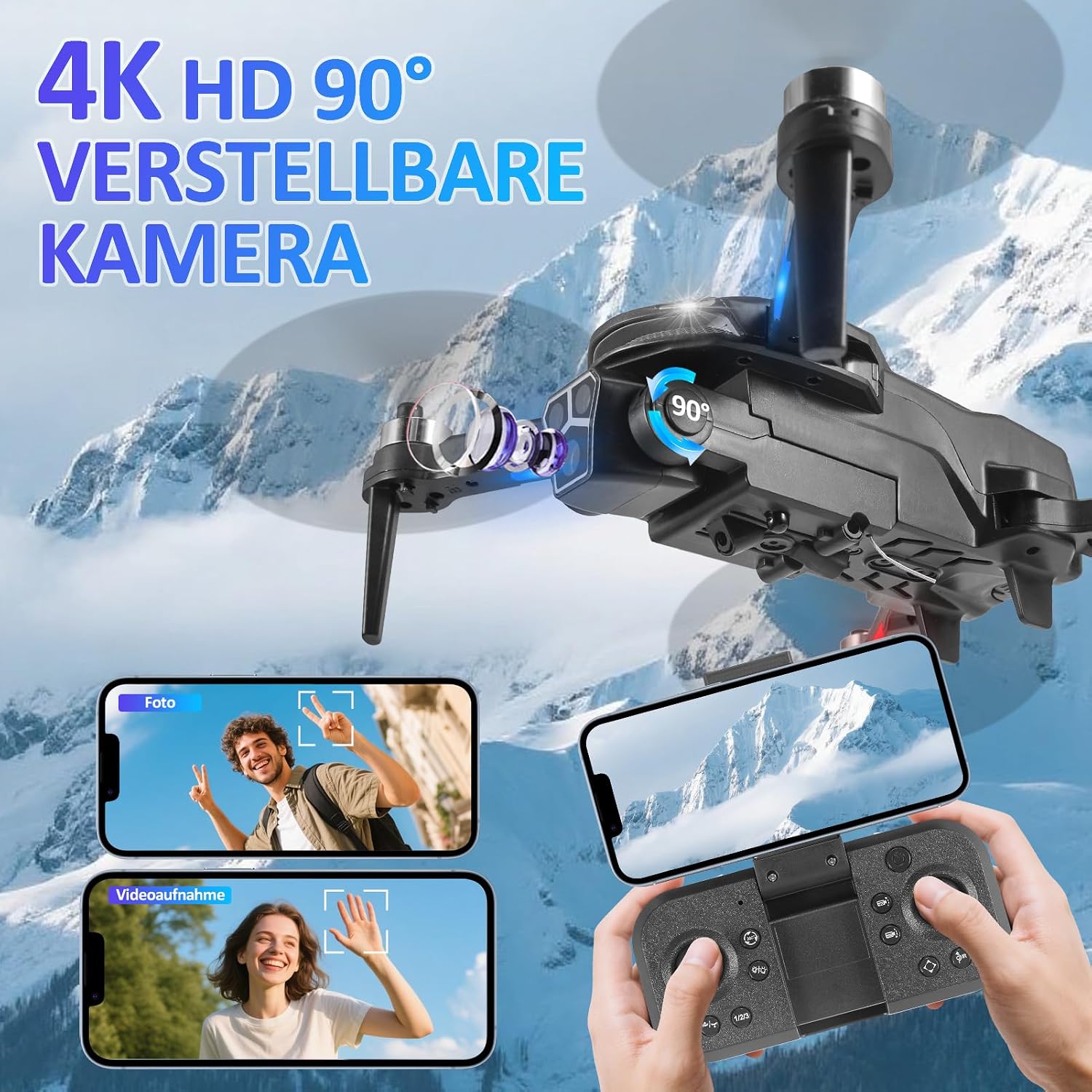 Detalle de Drohne mit Kamera HD 4K – faltbar, FPV WiFi, 2 Akkus, brushless Motoren, Hindernisvermeidung