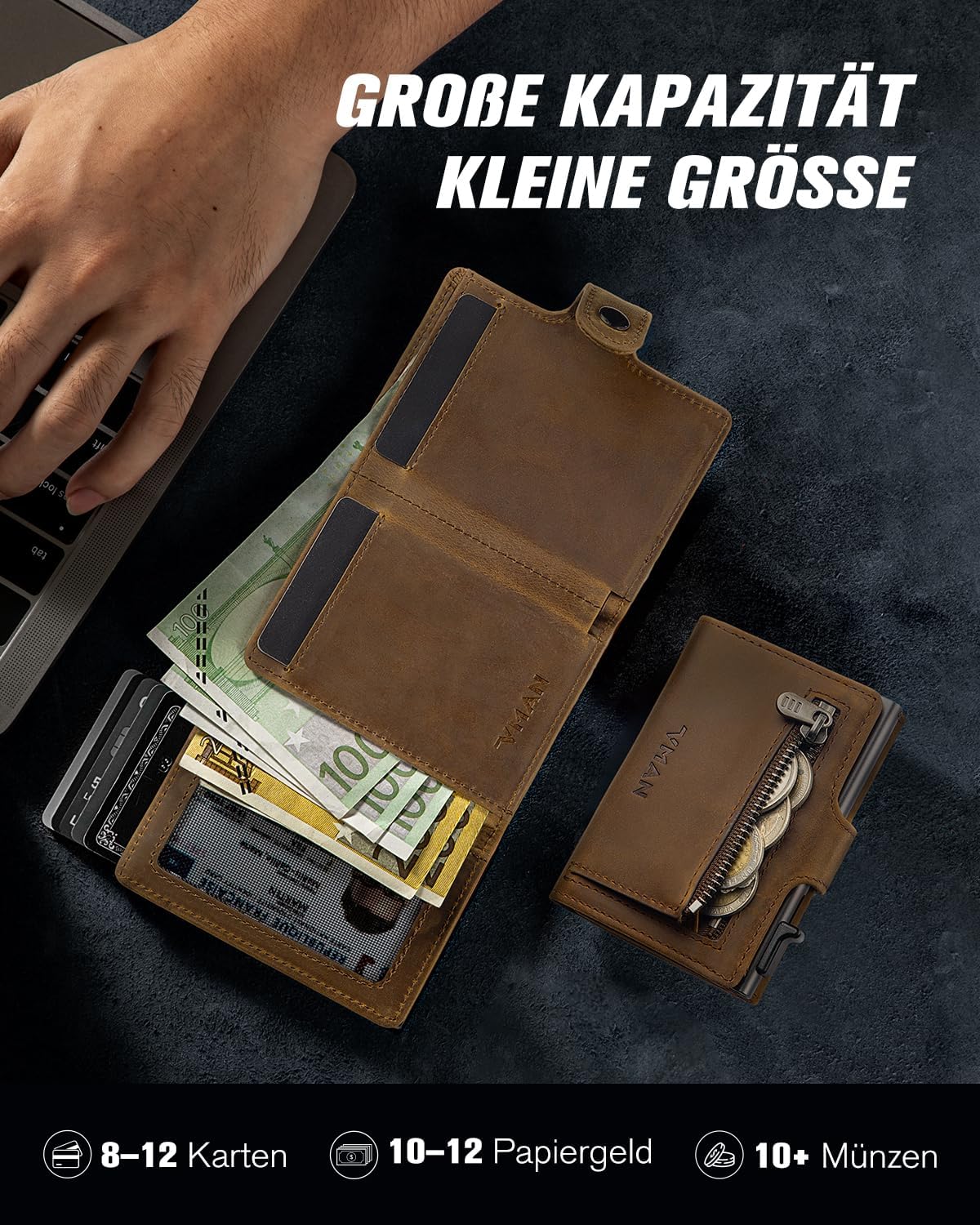 Thumbnail 2 de VMAN Geldbörse Herren: Slim Wallet mit Münzfach, RFID-Schutz und Premium-Leder