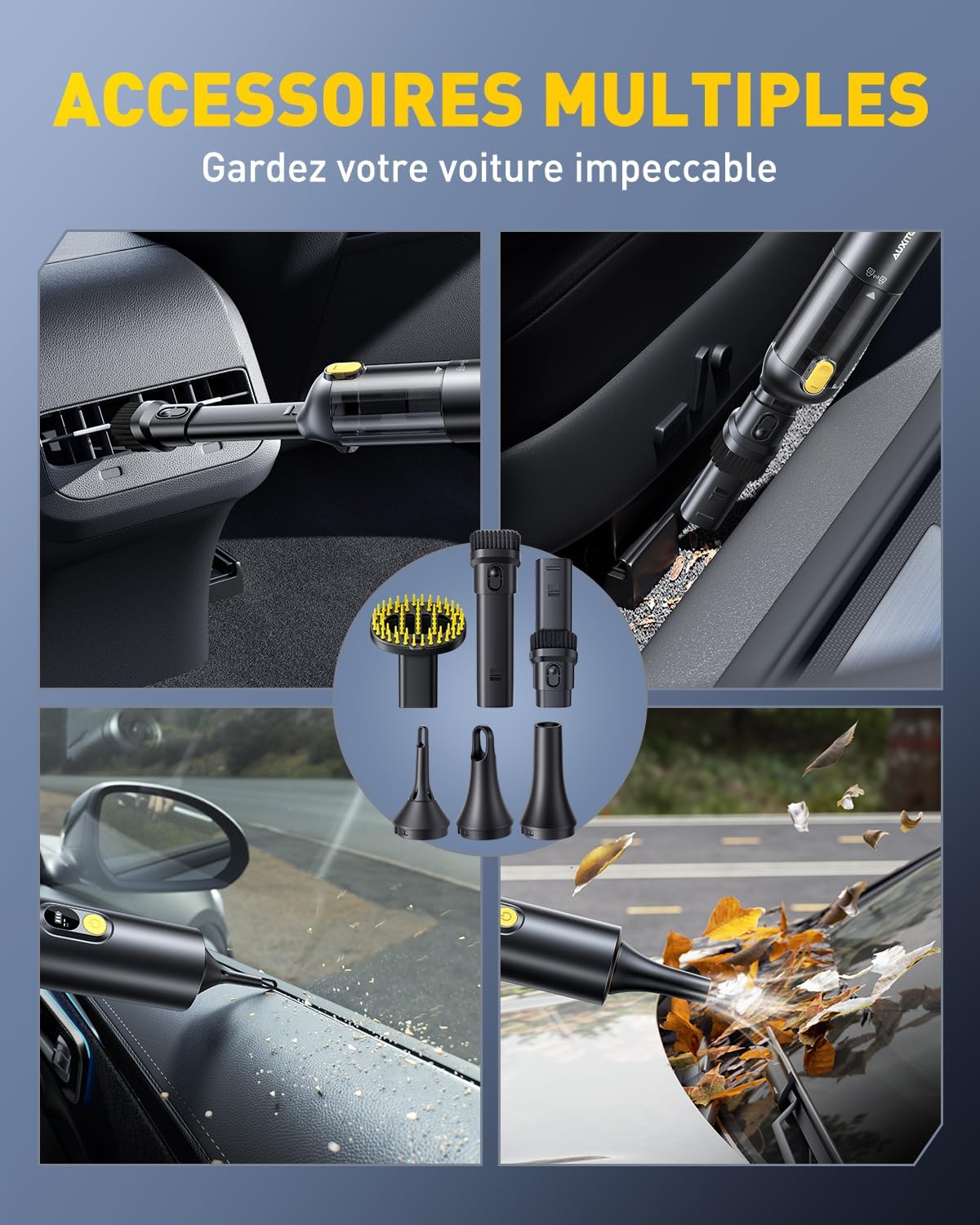 Detalle 2 de AUXITO Aspirateur à main sans fil pour voiture 24000 Pa (4-en-1) avec outils animaux et charge USB‑C