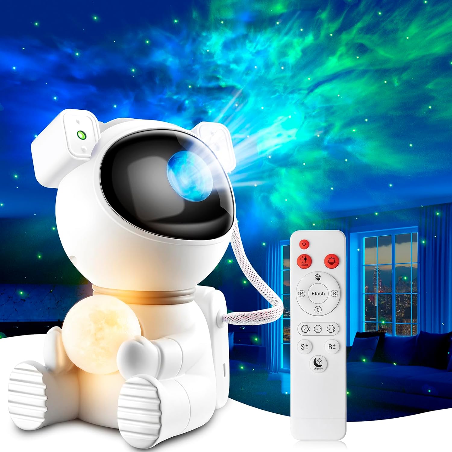 Detalle de Aoshet Astronaut Galaxie-Projektorlicht 2-in-1 mit Mondlampe, 360°-Einstellung und Fernbedienung (Weiß)