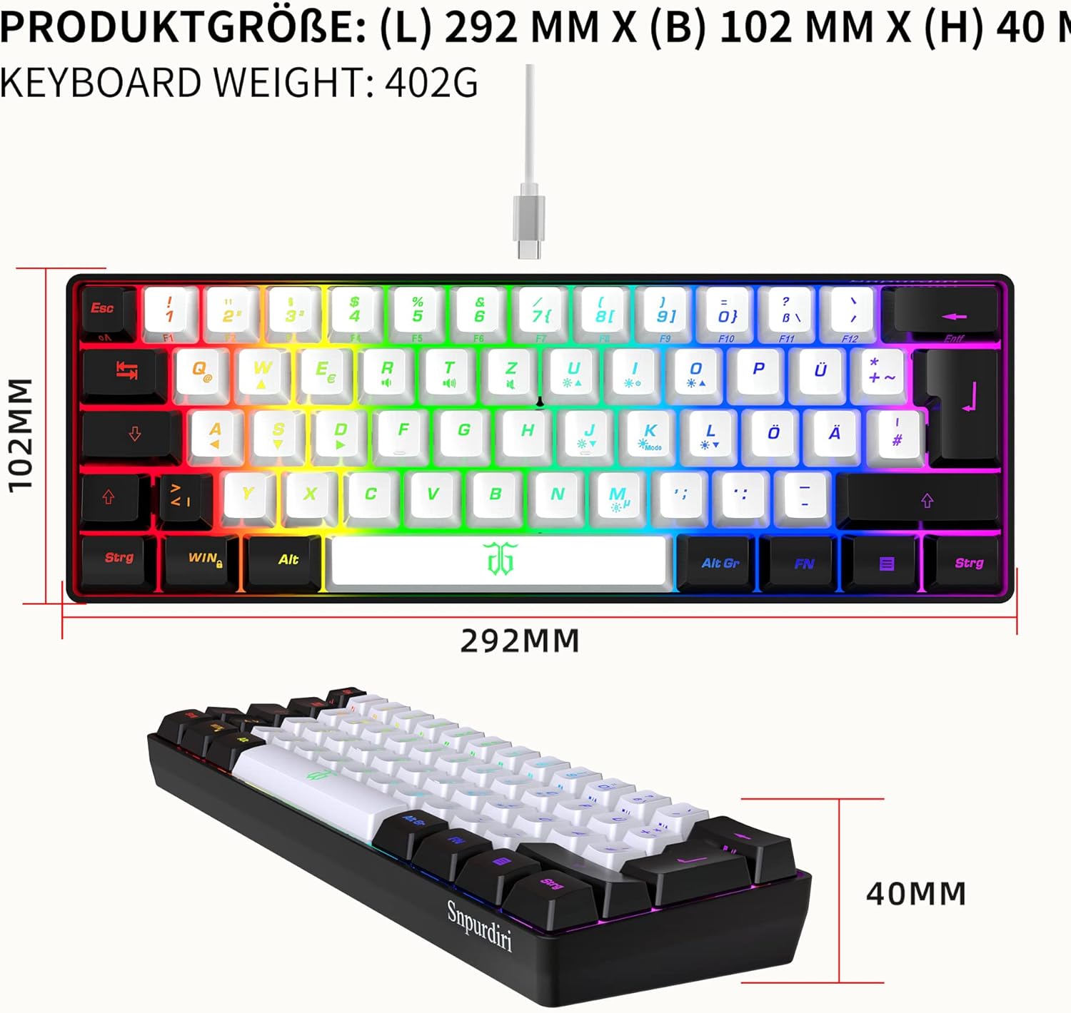 Thumbnail 6 de Snpurdiri 60% Percent Gaming-Tastatur (schwarz/weiß, deutsches Alphabet, ohne Ziffernblock)