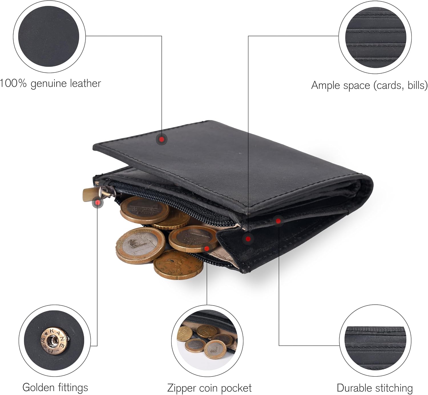 Detalle de Women’s full grain leather RFID small wallet (Nappa Black) – bifold coin purse & card/ID holder