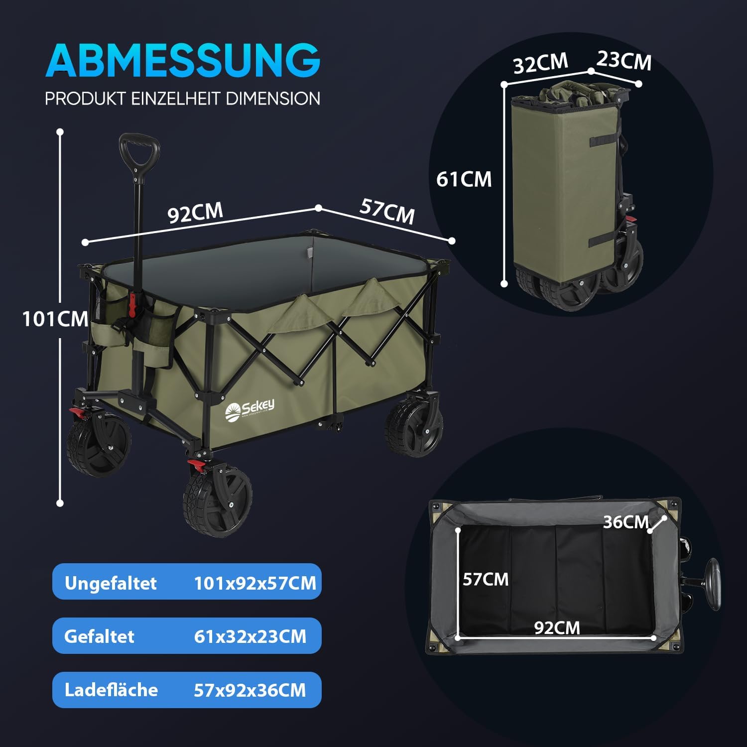 Thumbnail 6 de Sekey XXL Plus Bollerwagen Faltbar mit Bremsen 200L/200KG – All-Terrain, Vier Richtungen zusammenfaltbar