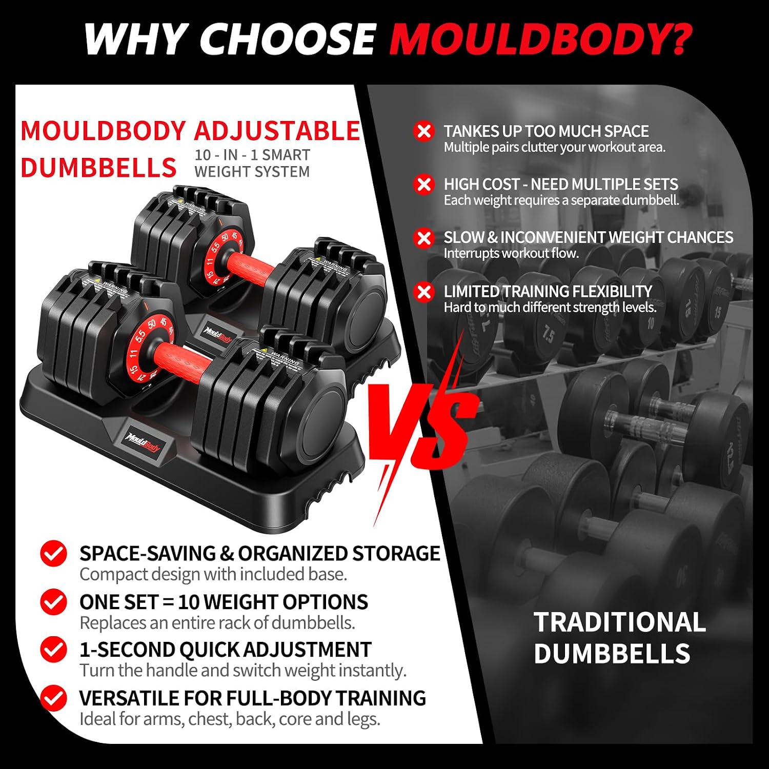 Detalle 2 de MouldBody 1 Adjustable Dumbbell Set, 10-in-1, 50 lb Pair with Storage Base
