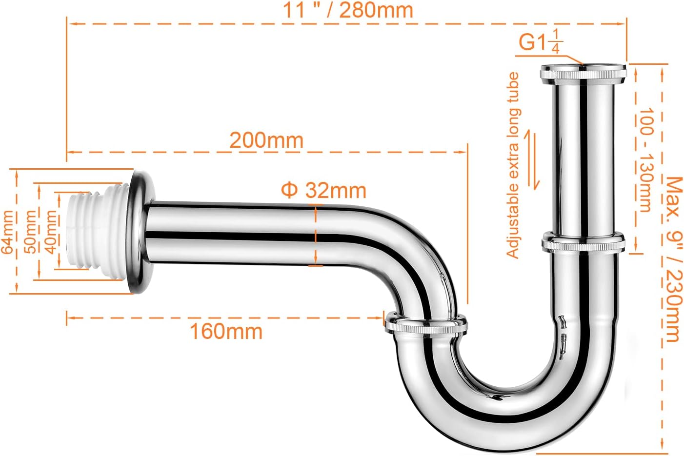 Detalle 2 de Ibergrif sifone per lavabo in acciaio inox M20506 (1 1/4" x 32 mm) con guarnizioni in silicone e sistema anti-odore/anti-intasamento