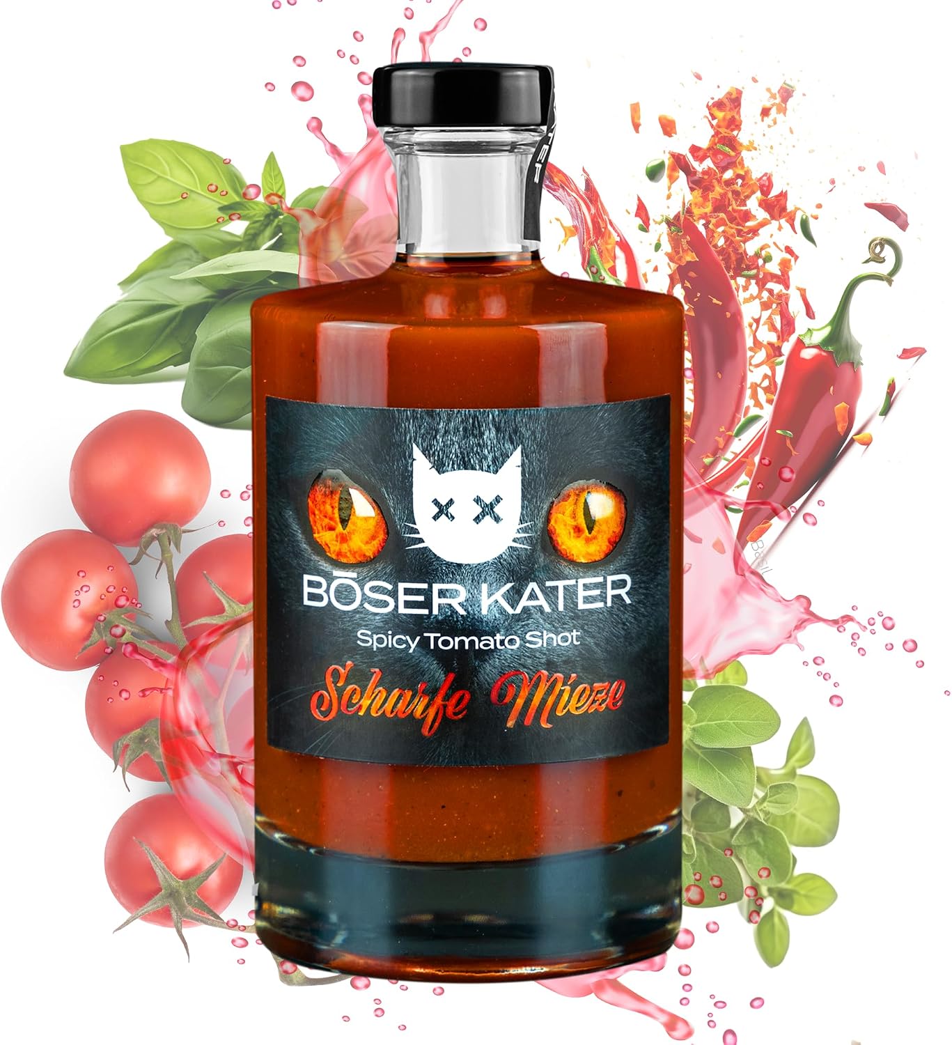 Detalle de BÖSER KATER Scharfe Mieze Geschenkset – 2 Gläser, Tomaten-Shot, 0,5 l, 12,5% Vol