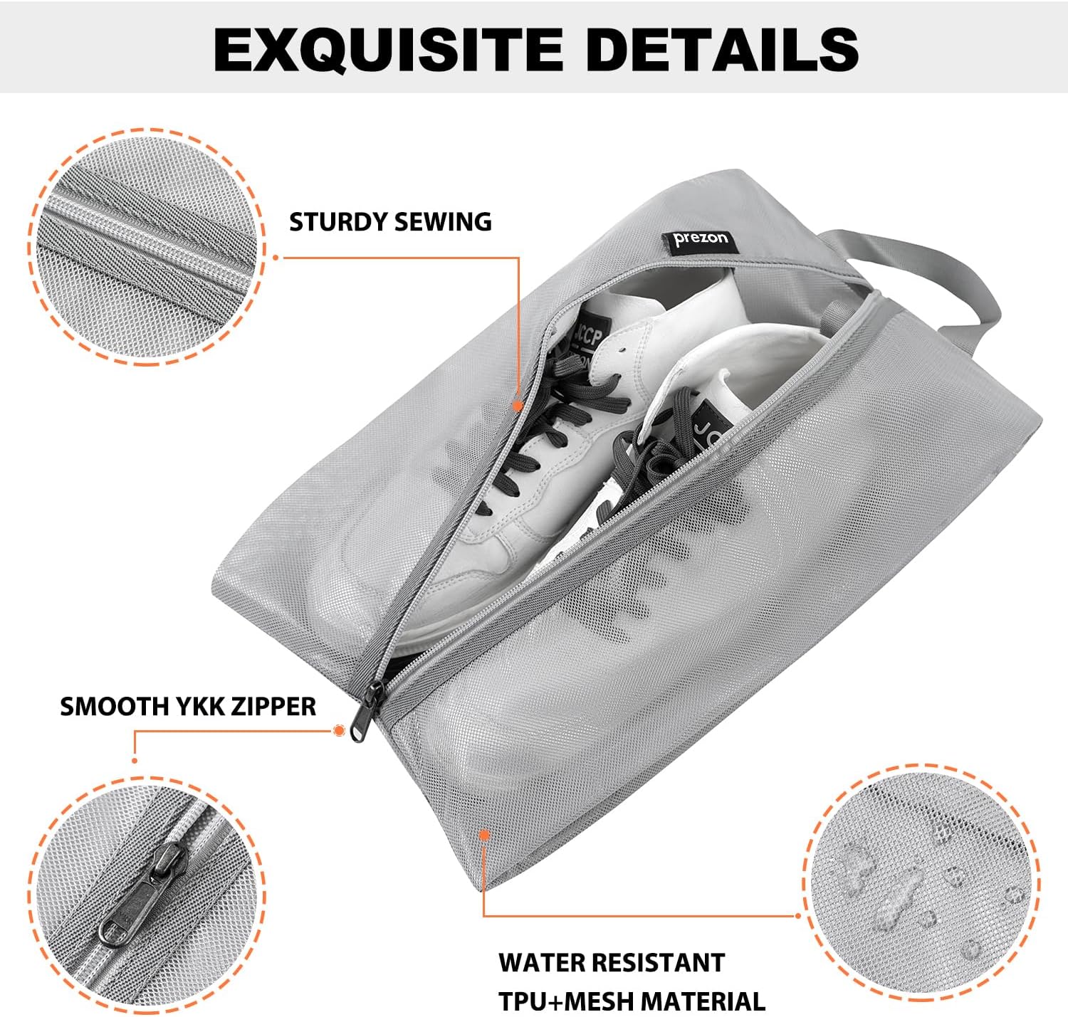 Detalle de Prezon Travel Shoe Bags (Water-Resistant TPU Mesh) with YKK Zipper – Unisex shoe storage organiser