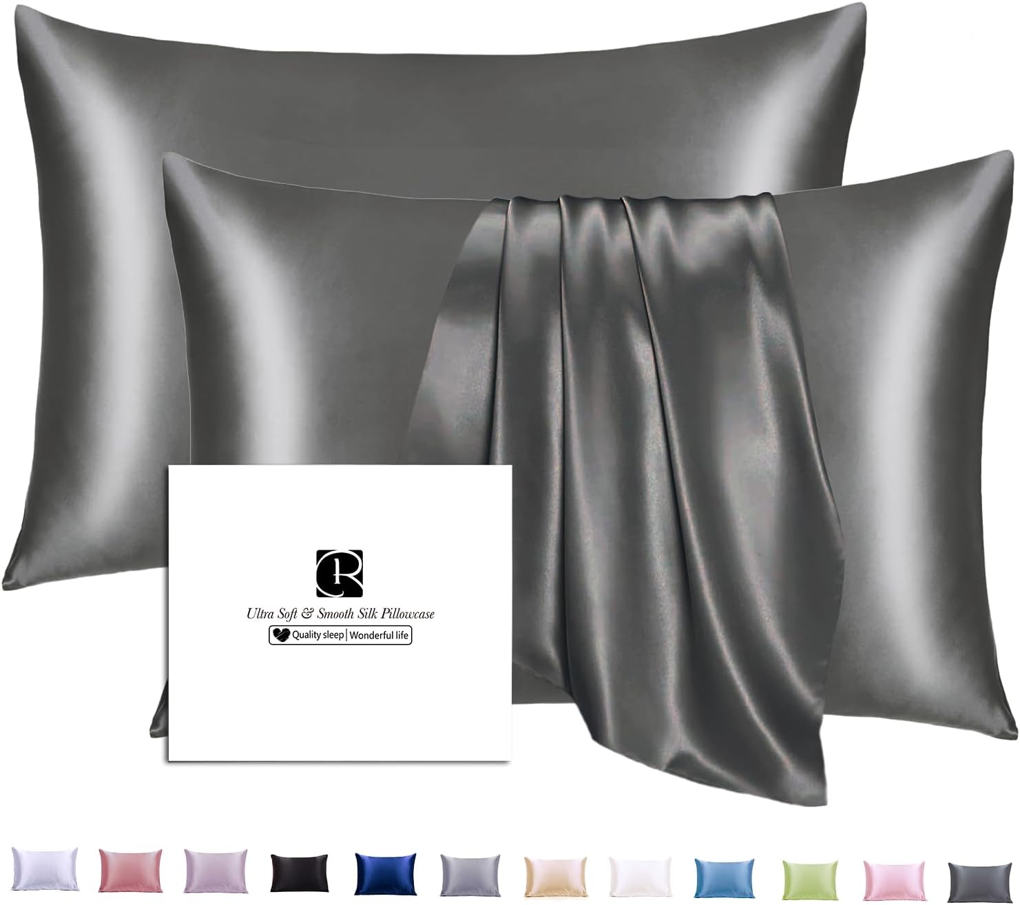 Detalle de 2er Set Ravmix Seidenkissenbezug 40x80 – Maulbeerseide, versteckter Reißverschluss, beidseitig Seide, Anthrazit