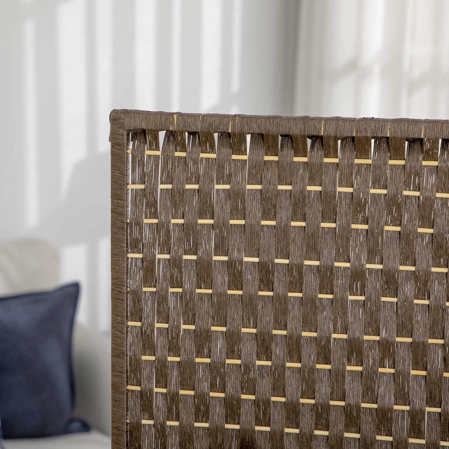 Detalle de HOMCOM Paravent intérieur à 4 panneaux avec 2 étagères (bois de pin, bambou, fibres de papier tressées)