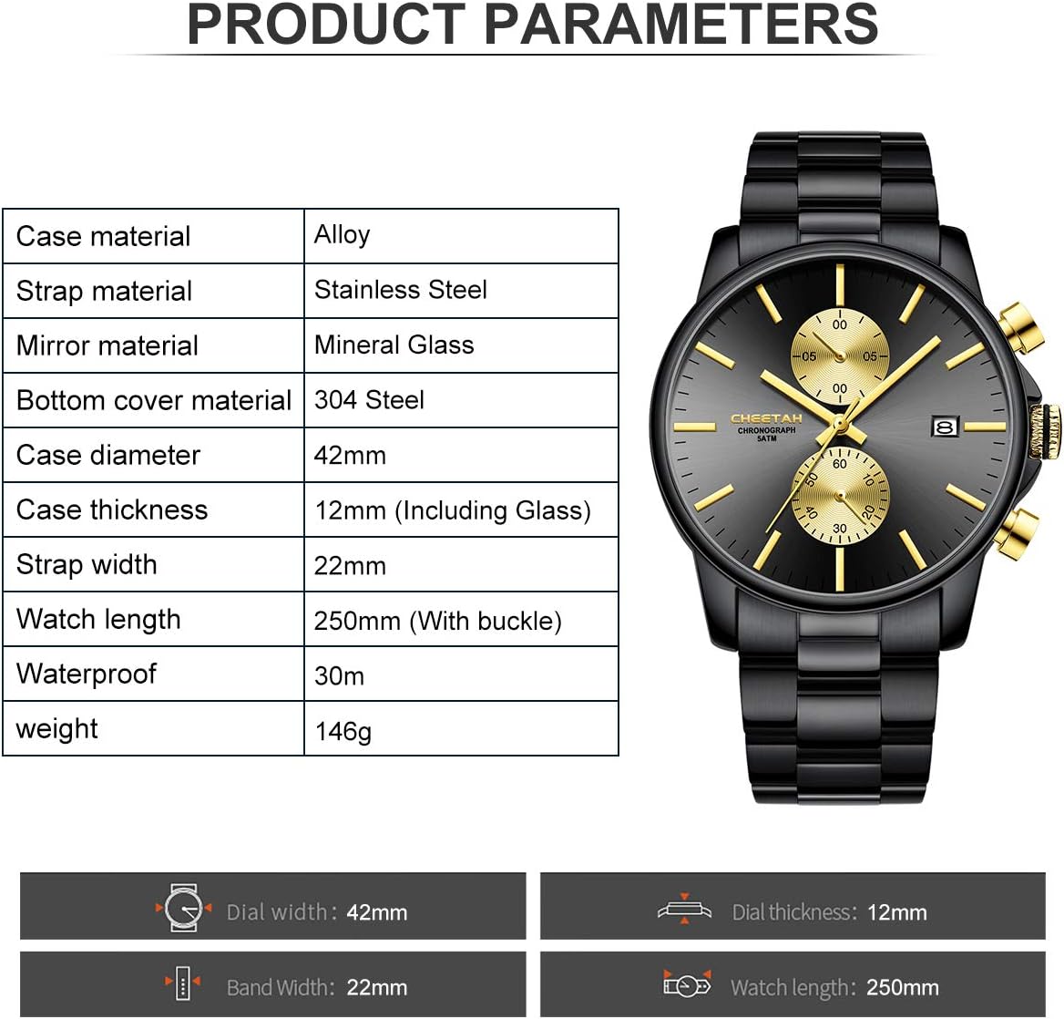 Detalle de Affute orologi da uomo in acciaio inox e metallo, stile casual impermeabile con cronografo al quarzo e datario