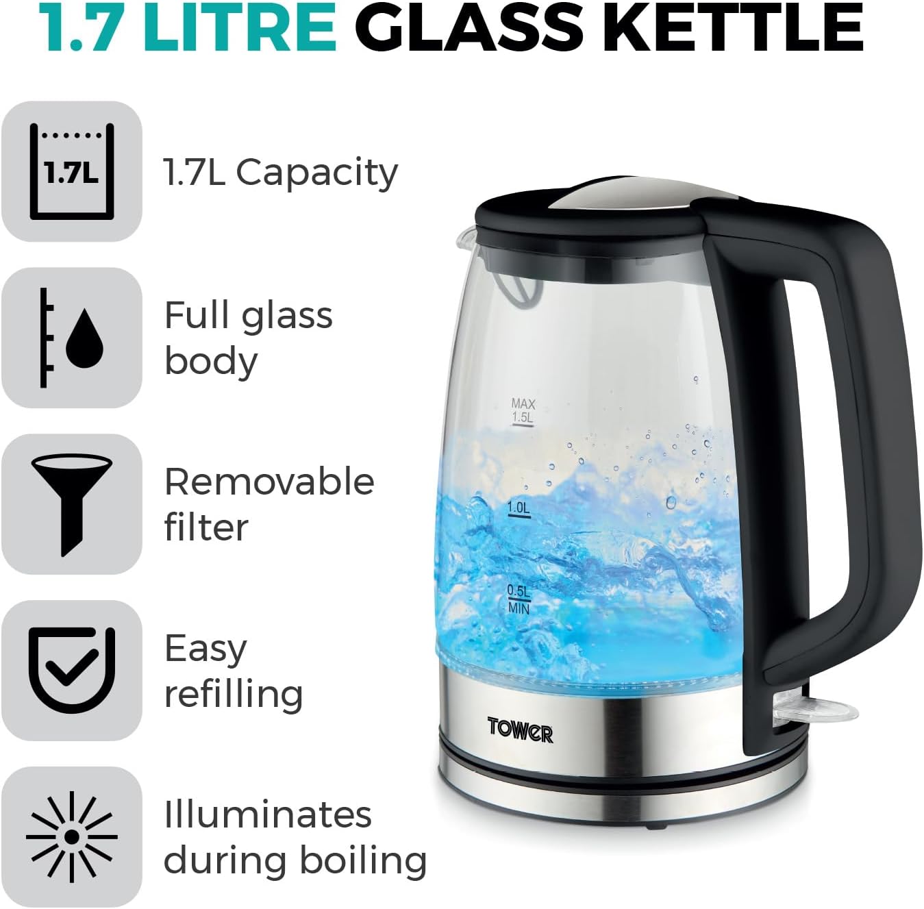 Thumbnail 1 de Tower PT10090BLK Illuminating Glass Kettle (1.7L, 2200W) with Removable Filter & Boil Dry Protection
