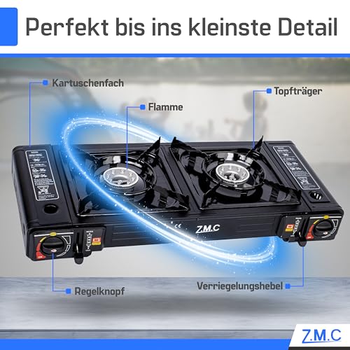 Detalle de Z.M.C Gaskocher Campingkocher 2-flammig 2,5 kW – inkl. 12x 227 g Kartuschen und Adapter
