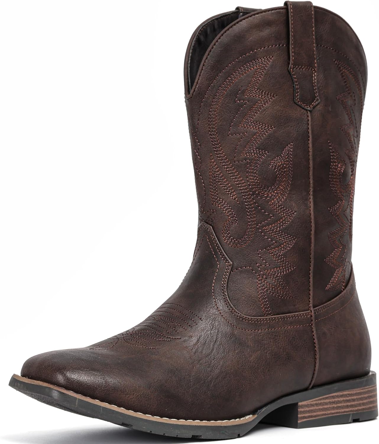 Detalle de IUV Men’s Cowboy Boots with Wide Square Toe, Western Embroidery, Pull-On Slip-Resistant Sole
