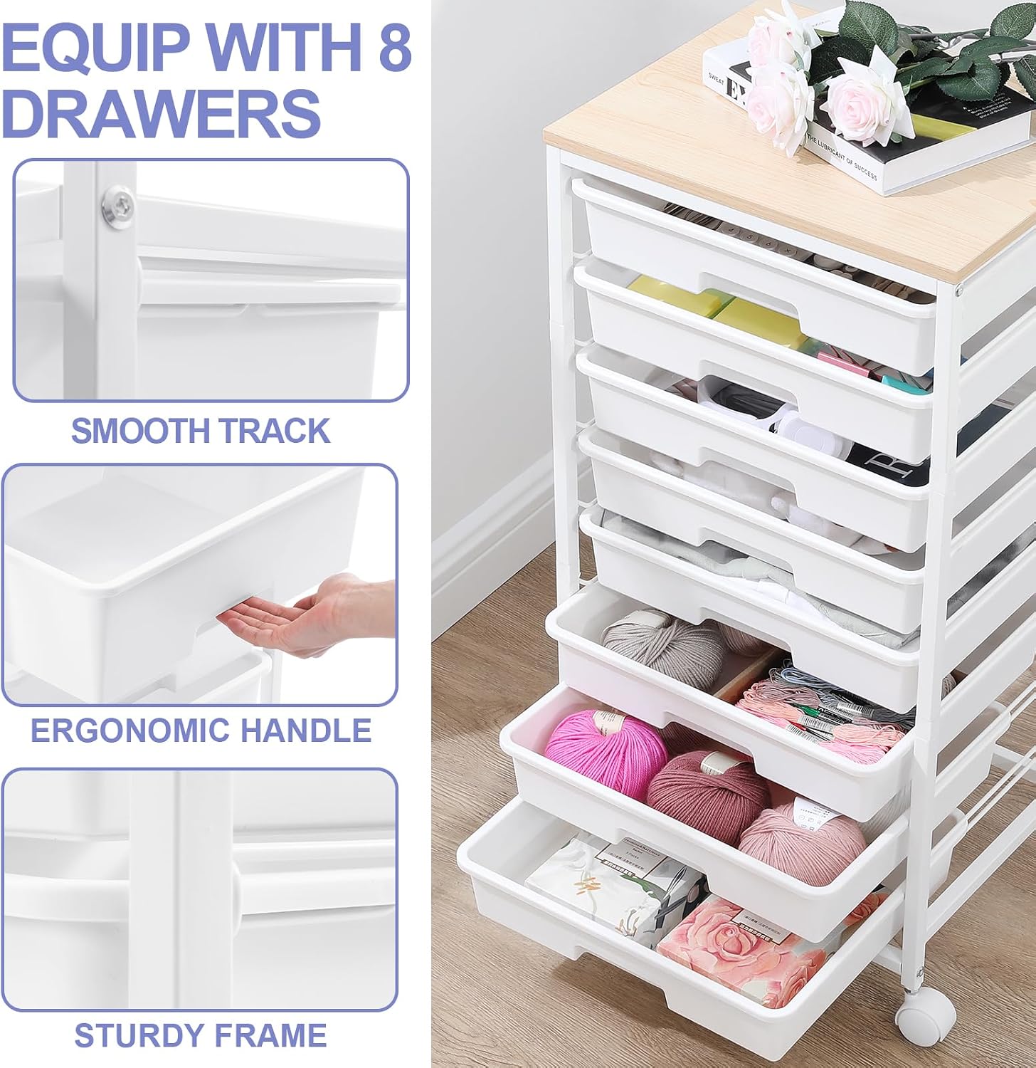 Detalle de SYKIARIOL 1250-W 8-Drawer Utility Cart with Wooden Top and Locking Wheels