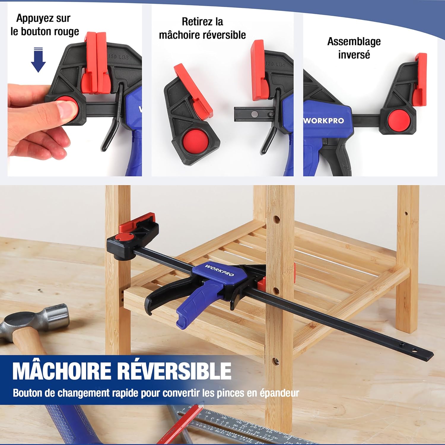 Detalle de WORKPRO lot de 2 serre-joints à une main acier et nylon — ouverture jusqu’à 305 mm