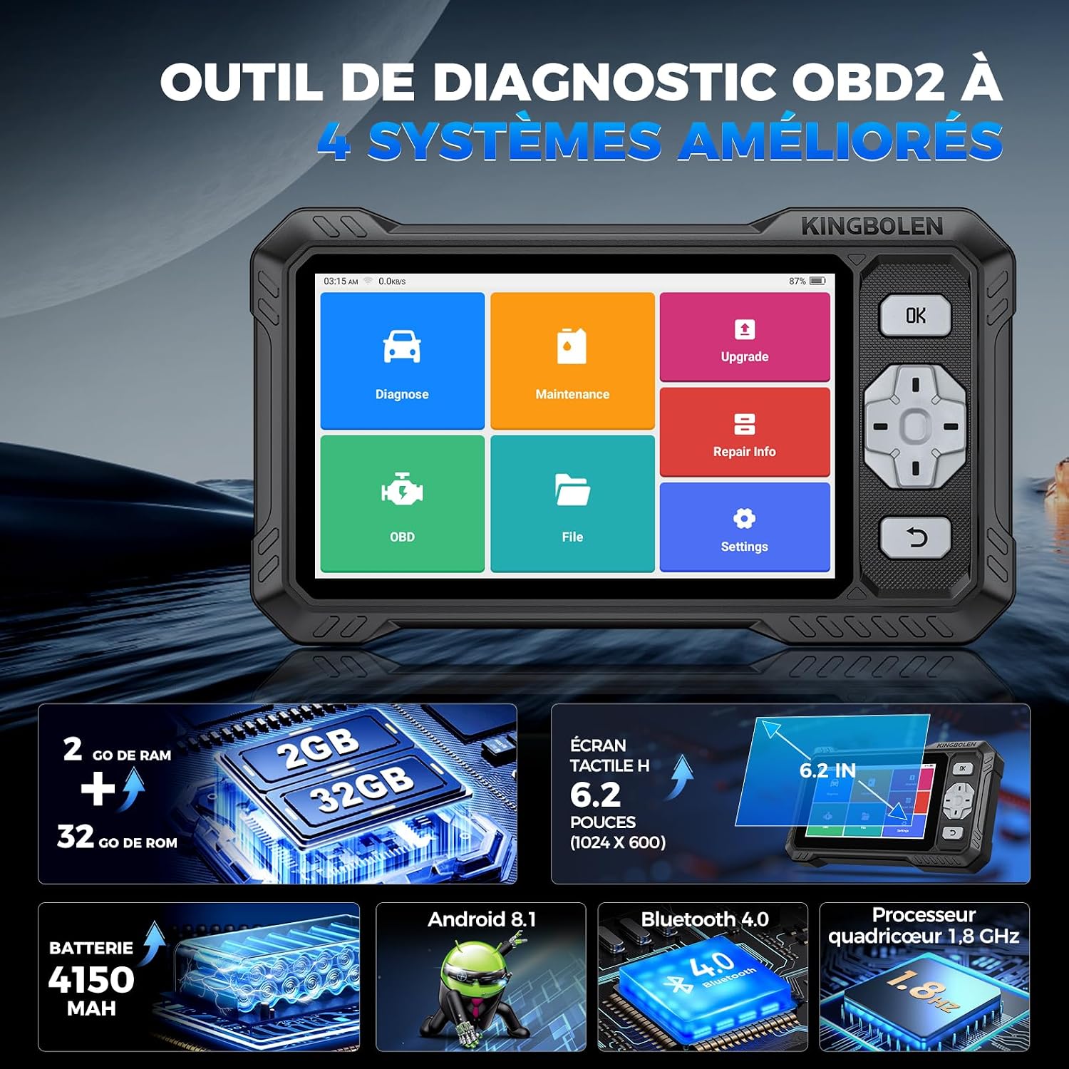 Detalle de KINGBOLEN S608 Valise diagnostic OBD2 6,2"