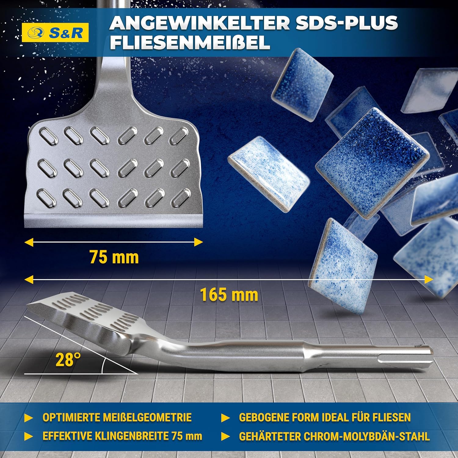 Thumbnail 1 de S&amp,R Hochleistungs Fliesenmeißel SDS Plus – 165 mm x 75 mm, abgewinkelt, Industrie-Qualität