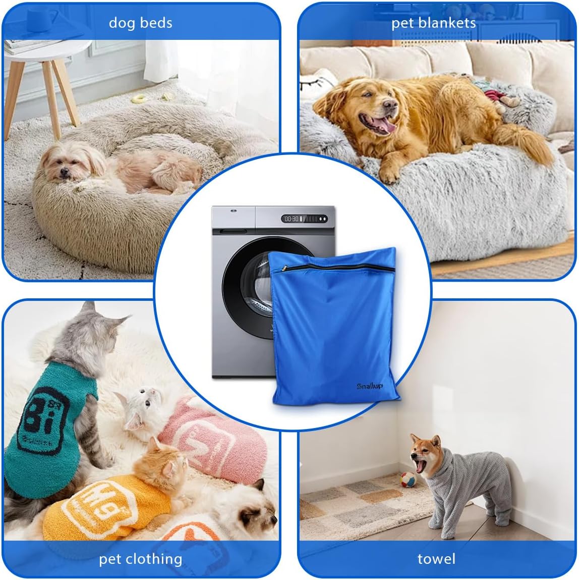 Detalle de Pet Laundry Bag for Washing Machine with YKK Zip – Large Capacity Hair Catcher (Blue, M)