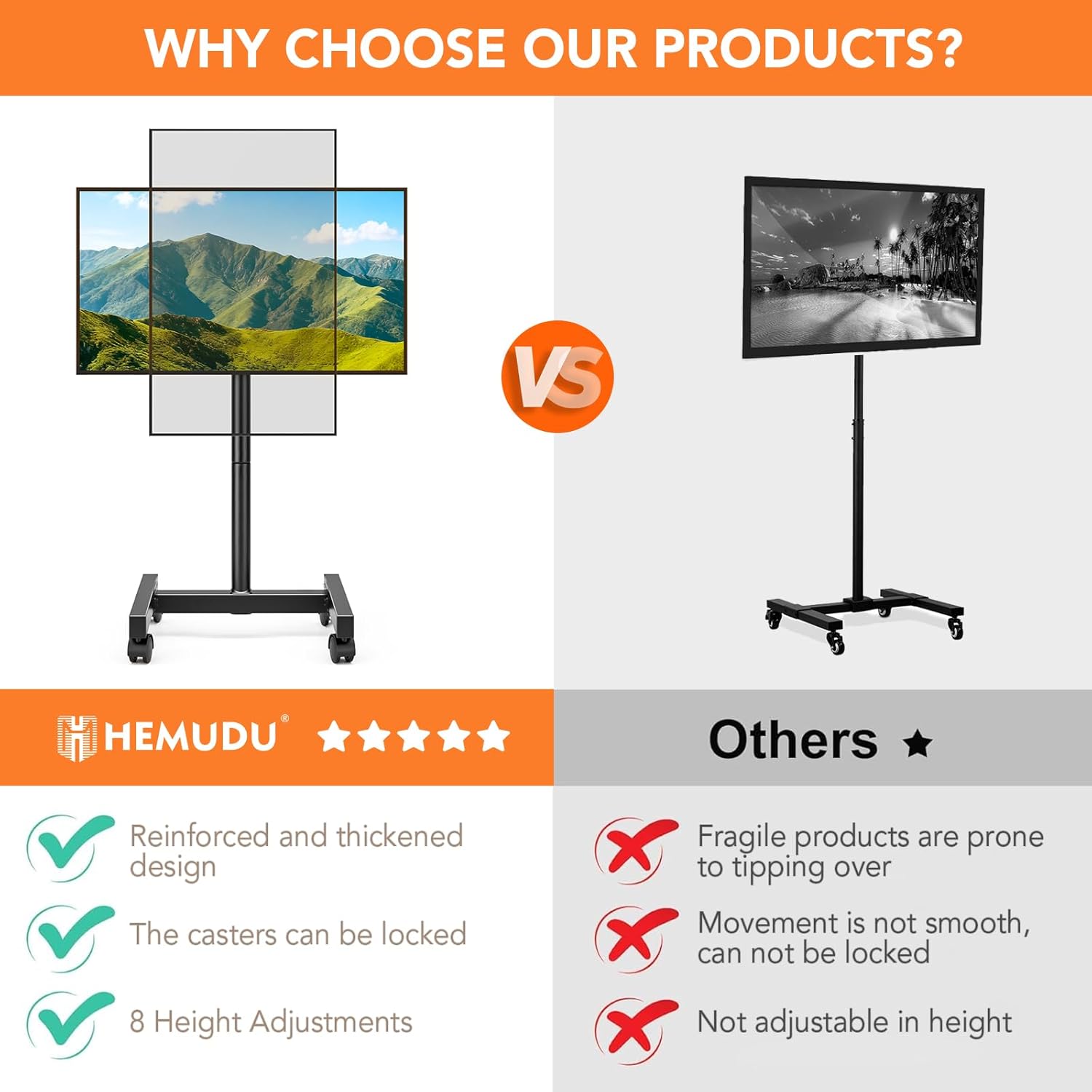 Thumbnail 4 de Hemudu Portable Mobile TV Stand on Wheels (13–50 inch, max VESA 200x200mm, 20kg load)