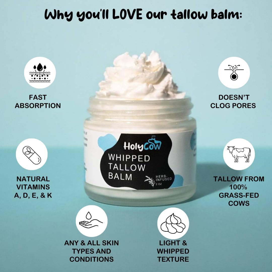 Detalle 2 de HolyCow 100% Grass Fed Beef Tallow Whipped Tallow Balm (Unscented/Herb-Infused) with Organic Jojoba Oil