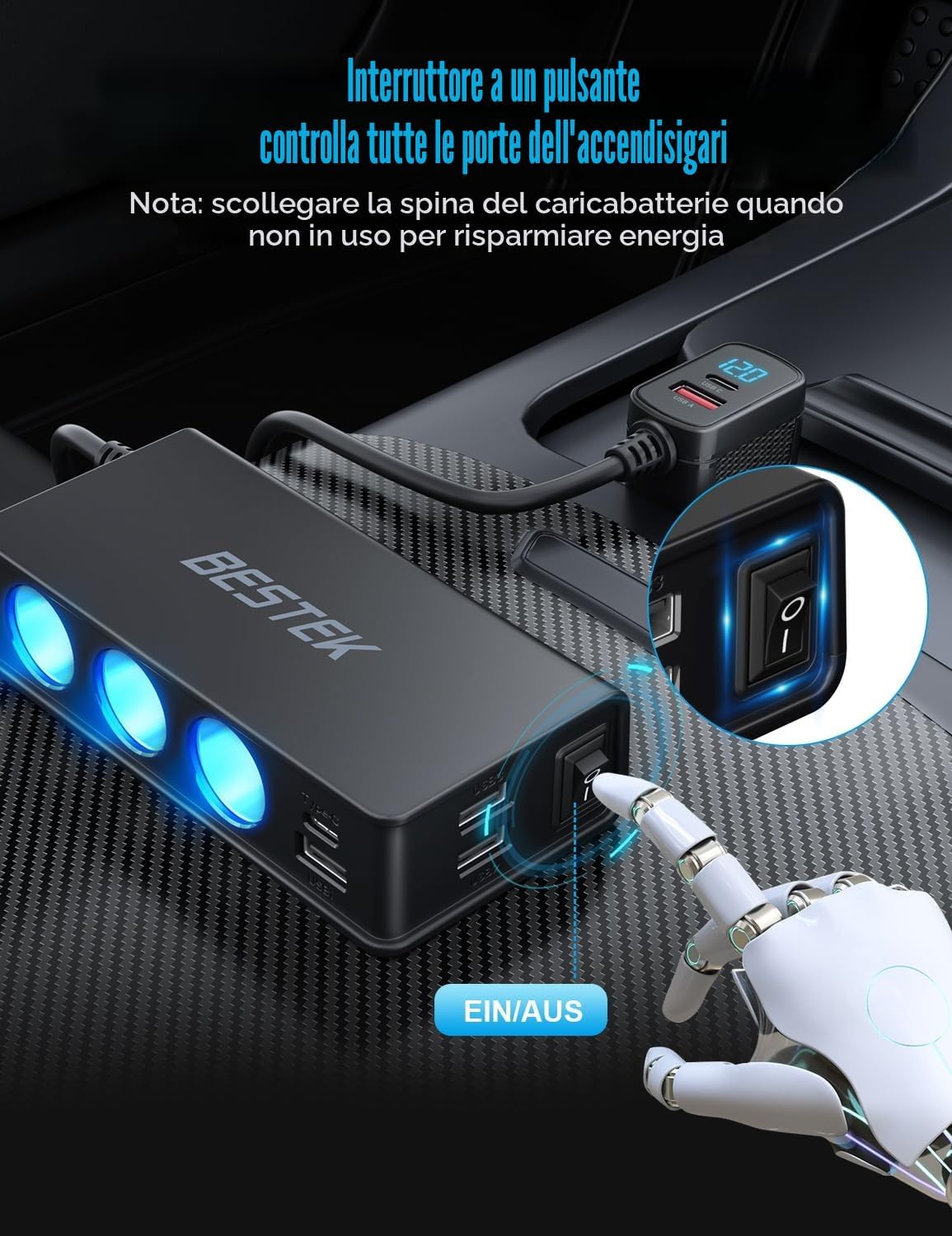 Thumbnail 3 de BESTEK Caricatore Auto 180W 9in1 USB-C PD QC3.0