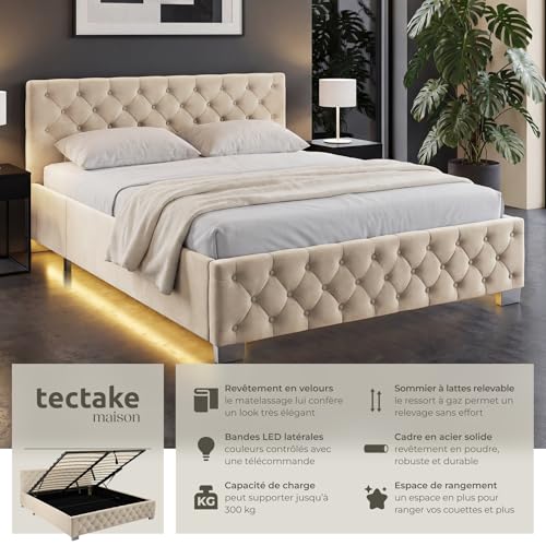 Thumbnail 2 de tectake lit capitonné 180x200 avec sommier et coffre – lit double élégant avec LED et cadre en acier laqué époxy