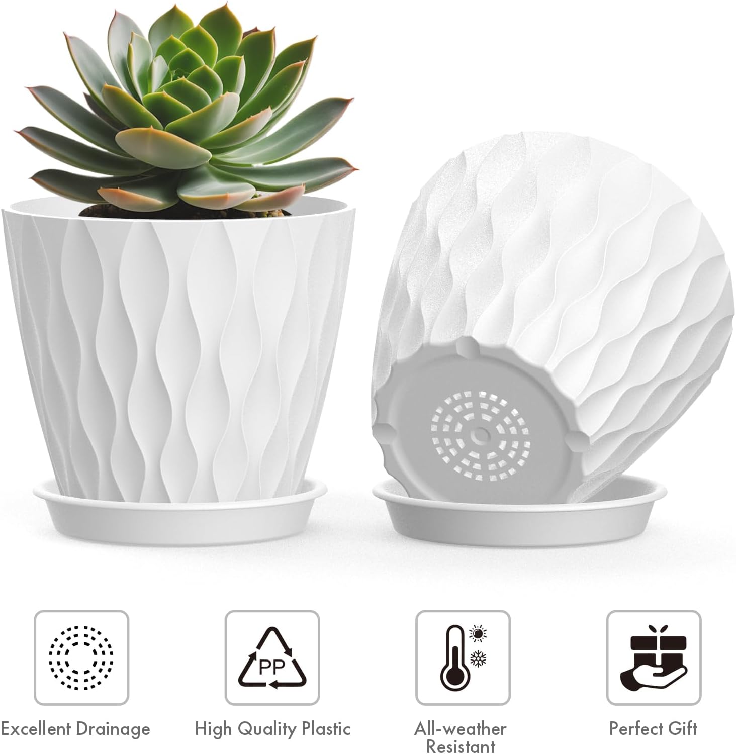 Thumbnail 2 de 12.5cm Plant Pots 6-Pack Plastic Planters with Drainage Holes and Saucers (White)