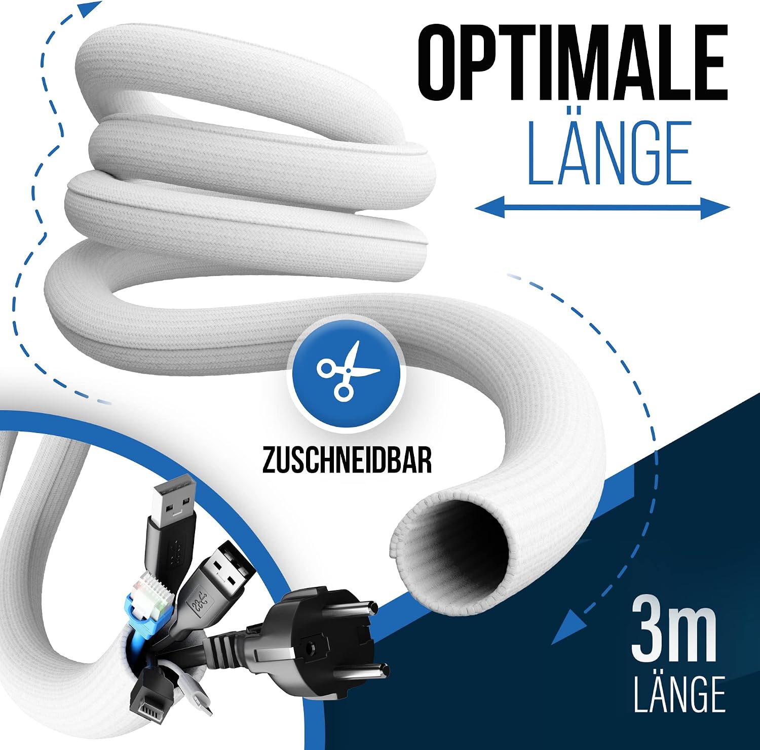 Detalle de DOMAR® 3m Kabelschlauch selbstschließend & flexibel – Weißer Kabelkanal für Kabelmanagement am Schreibtisch