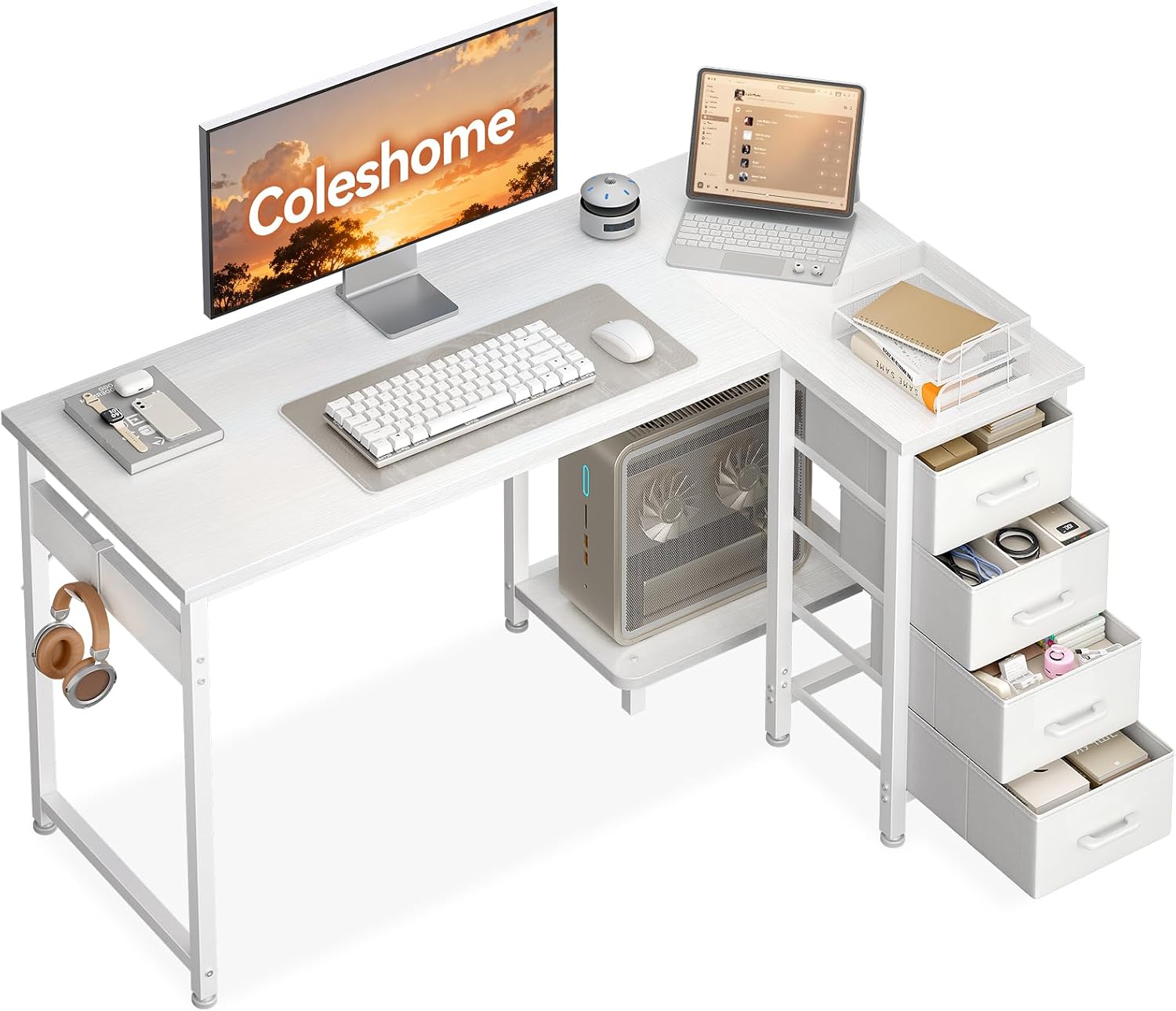 Detalle de Coleshome ZJZ-ZX4D hörnskrivbord 120 × 70 cm med fyra tyglådor, vitt