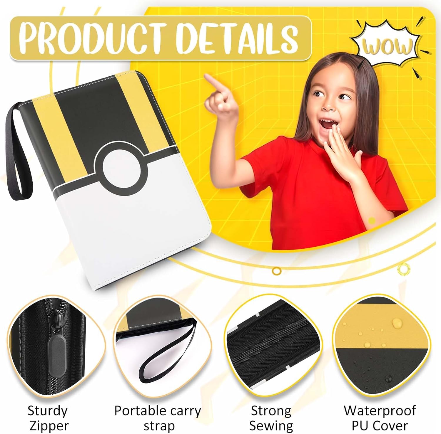 Detalle de EASYFUN 2PCB-02-3 Trading Card Binder, 400-Card Capacity, Zippered Black PU Leather