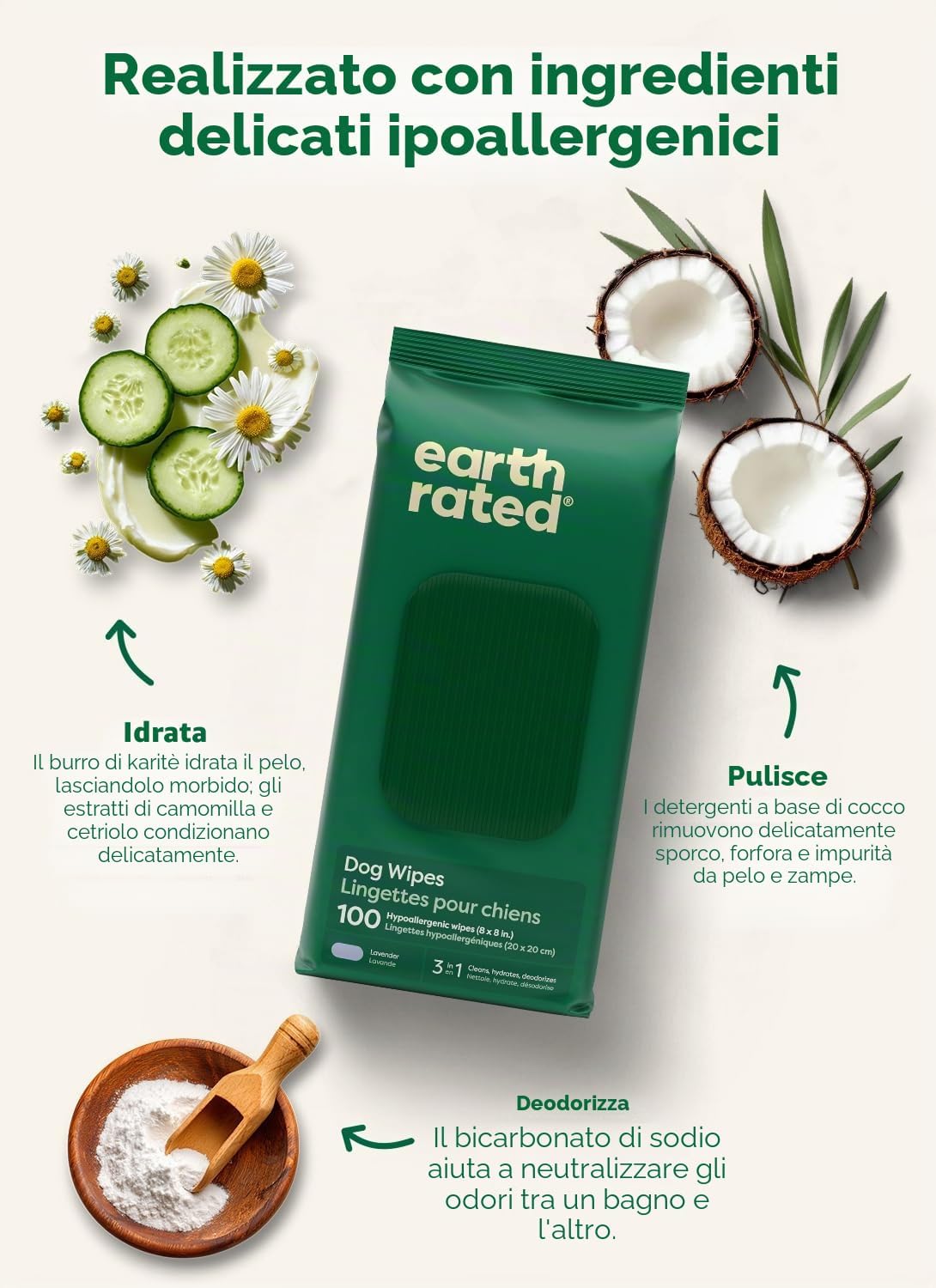 Detalle de Earth Rated Salviette ipoallergeniche per Cani con profumo di lavanda, 100 pezzi
