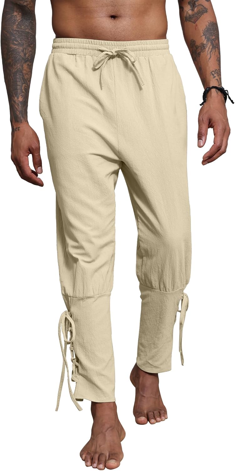 Thumbnail 6 de YAOBAOLE Leinenhose Herren Mittelalter/Wikinger/Piraten – lang, locker mit Taschen und elastischem Bund