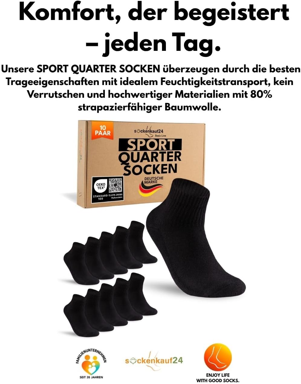 Detalle de sockenkauf24 10 Paar kurze Sportsocken (Quarter) Tennissocken – atmungsaktive Baumwolle für Damen & Herren