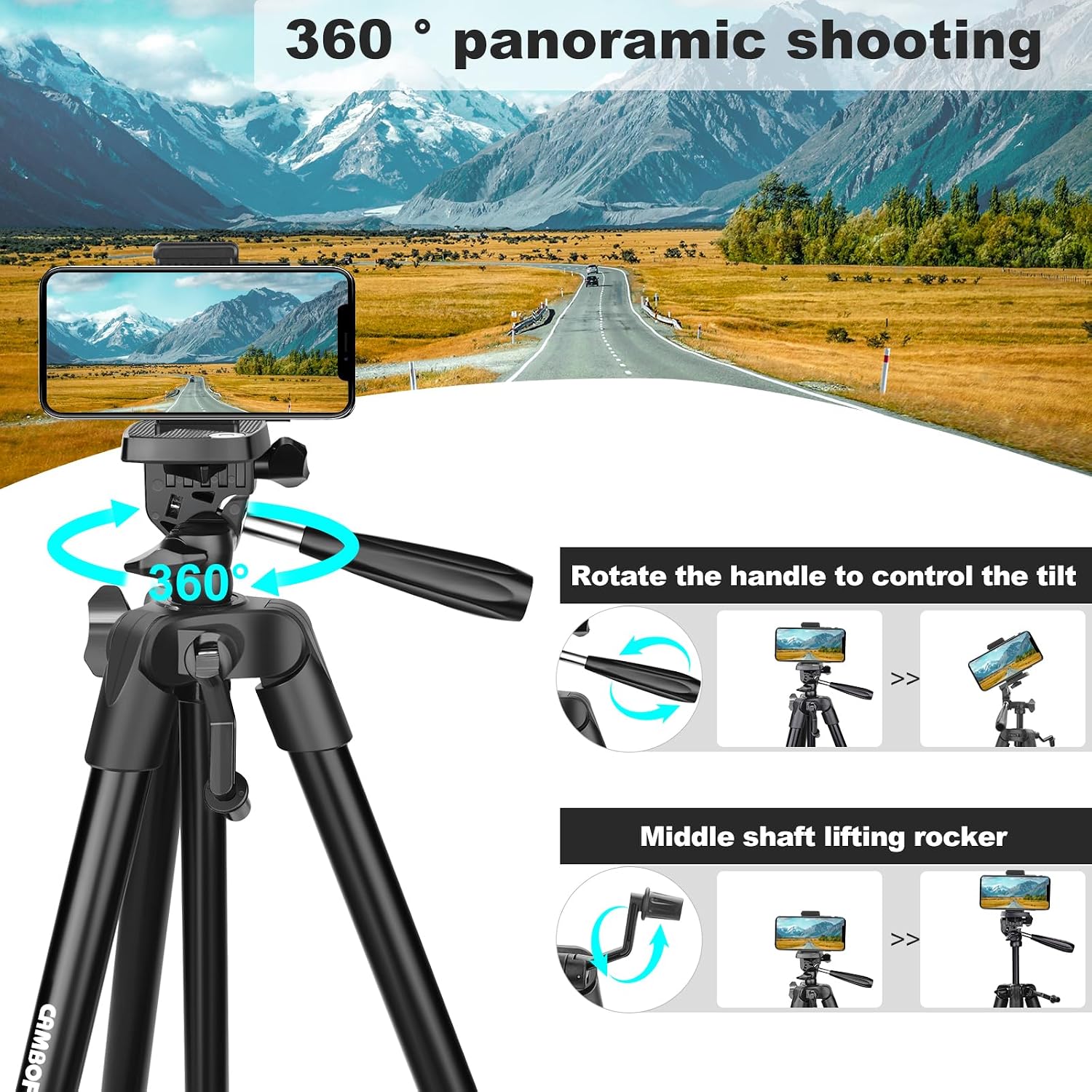 Thumbnail 2 de CAMBOFOTO Portable Tripod for Live Stream 134cm – Lightweight Aluminum Tripod with Phone Holder