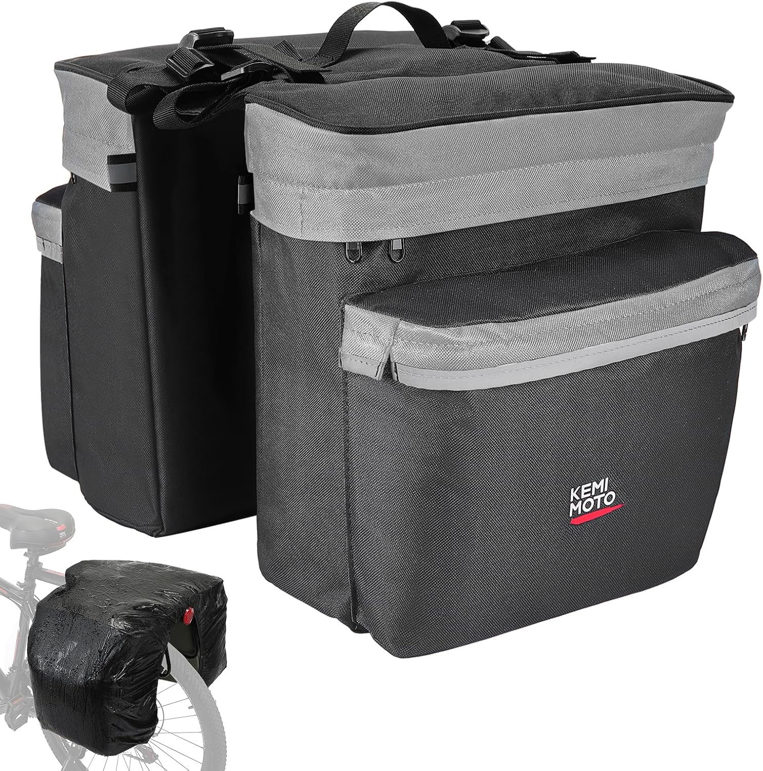 Detalle de KEMIMOTO 34L Bike Panniers with Rain Cover, 600D PVC, Gray