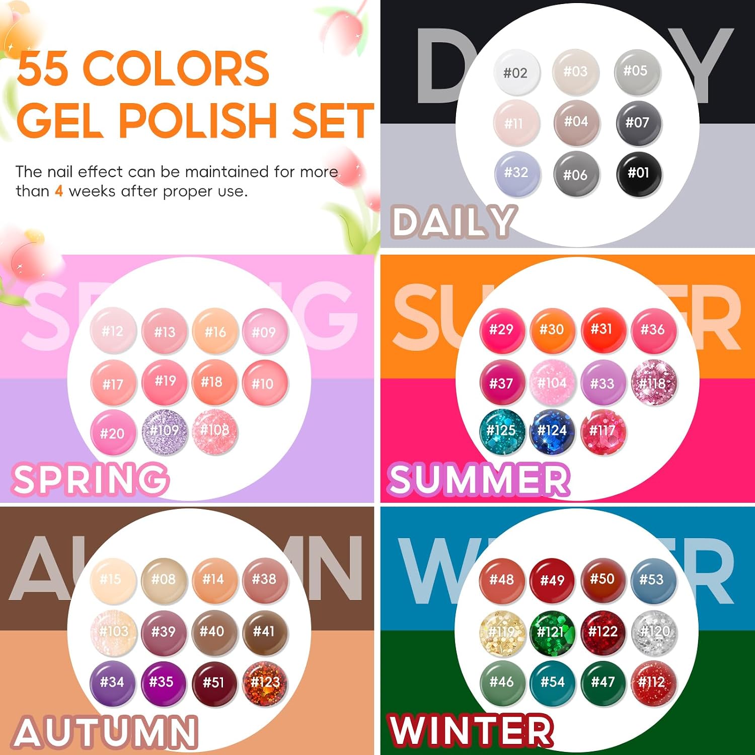 Detalle 2 de COSCELIA 60-Piece Gel Nail Polish Set (55 Colors + Top & Base Coats) for DIY Manicure & Nail Art