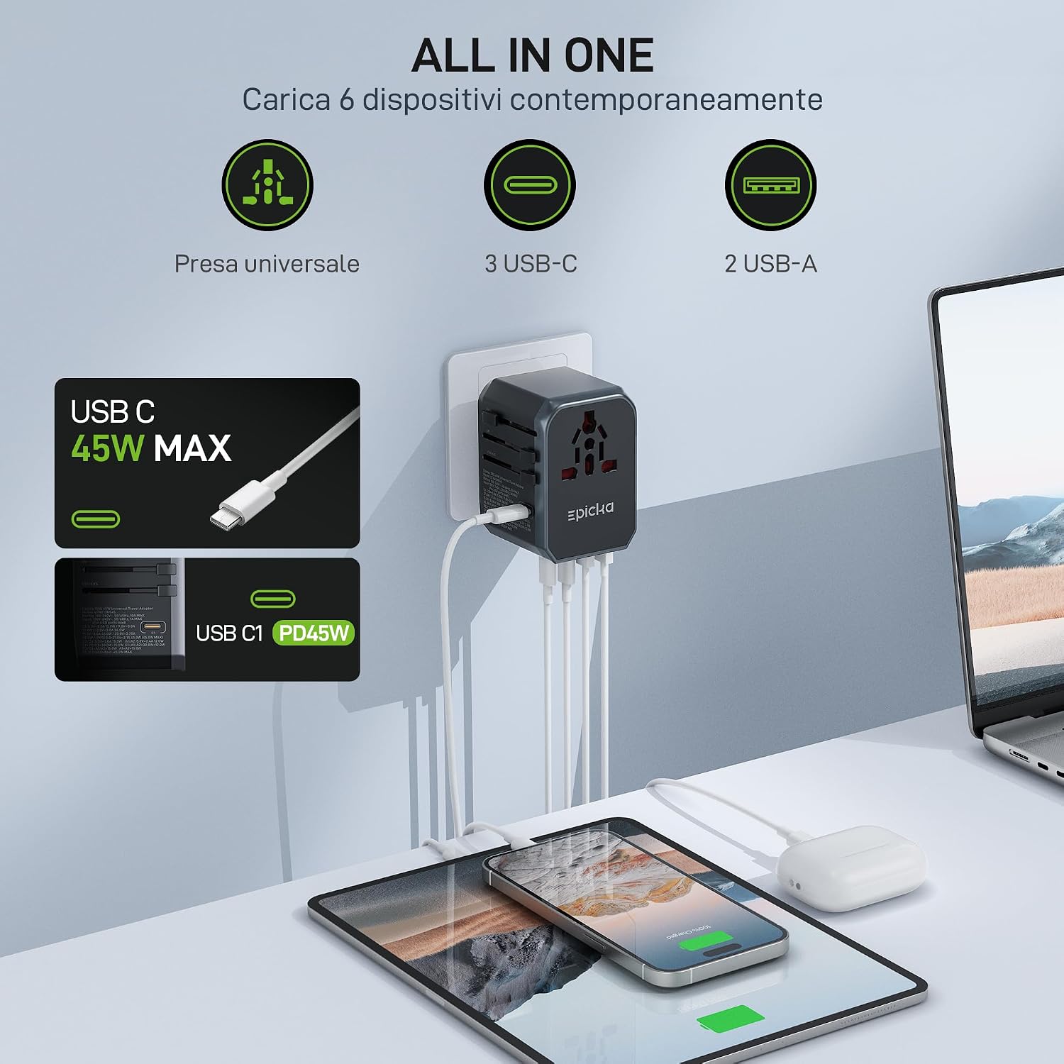 Detalle de Epicka Adattatore da Viaggio Universale PD Fast Charge 45W: 6-in-1 con 3 USB-C e 2 USB-A