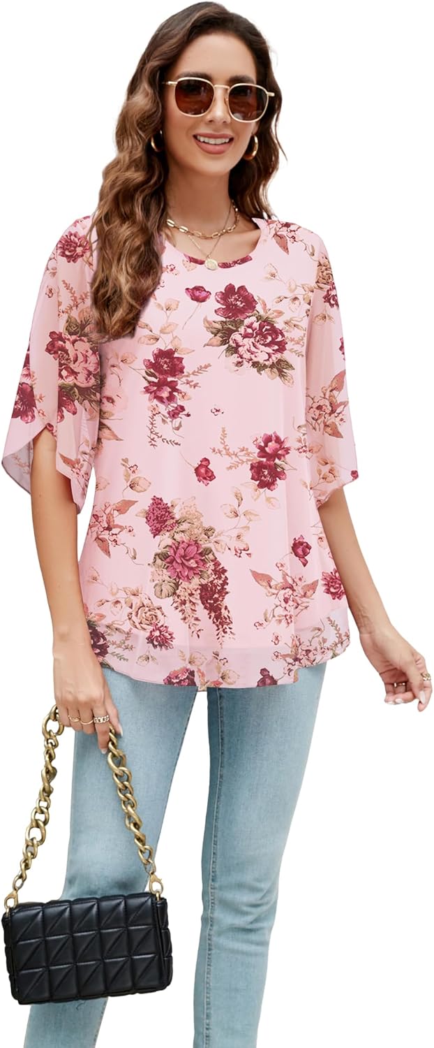Detalle 2 de Actcat Women's Ruffle Blouse 3/4 Sleeve – Flowing Mesh Tunic Top