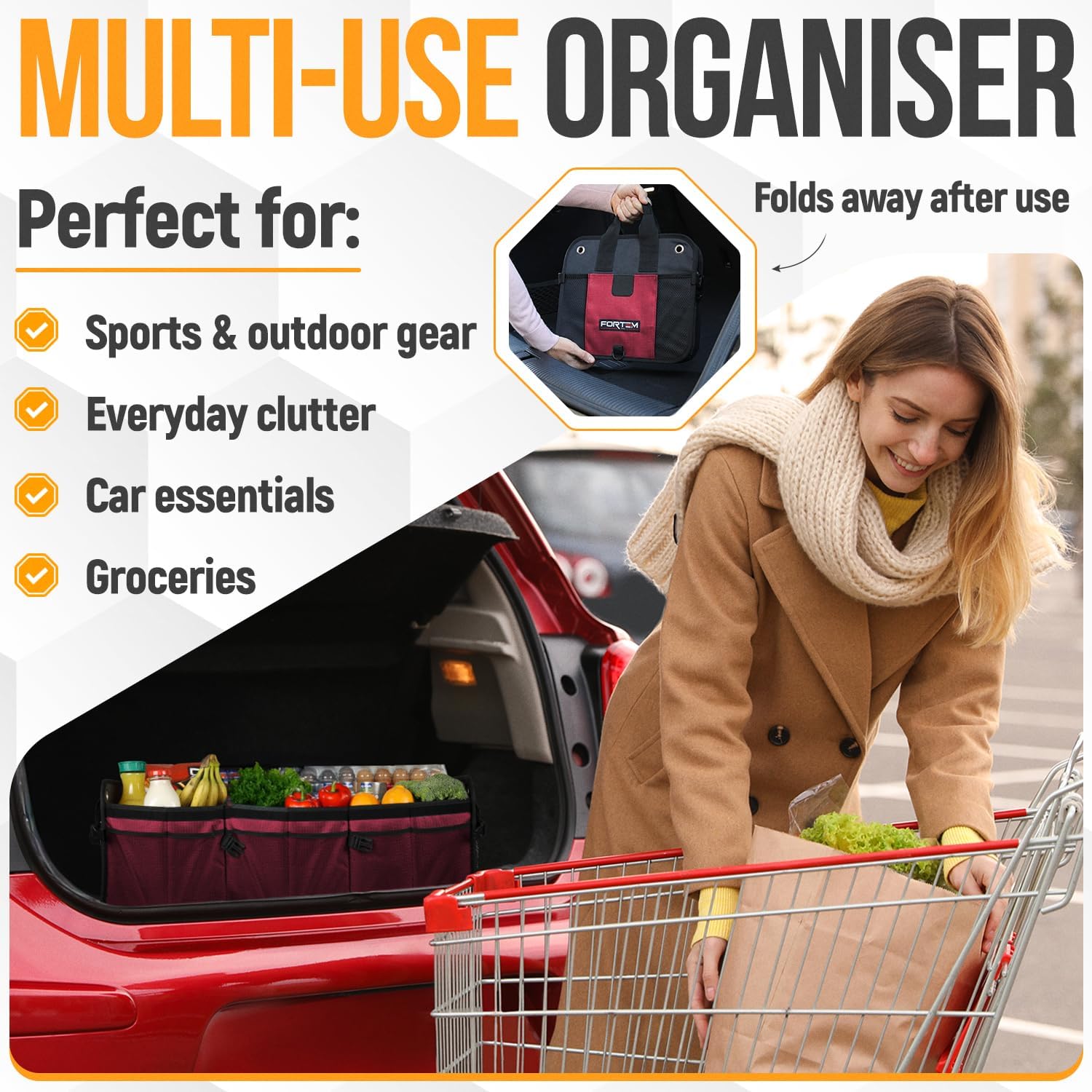 Detalle de FORTEM Car Boot Organiser (90L) – SUV boot tidy with collapsible, multi-compartment storage