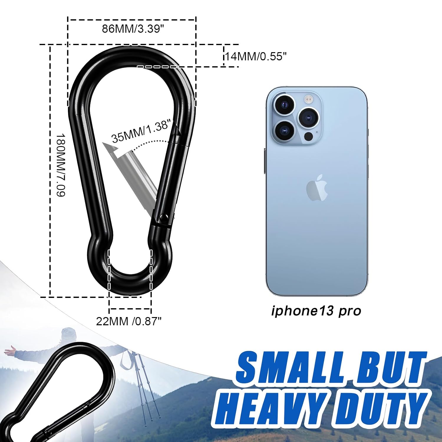 Detalle de KINLINK 7-Inch Black Carabiner Clip, Carbon Steel Spring Snap Hook