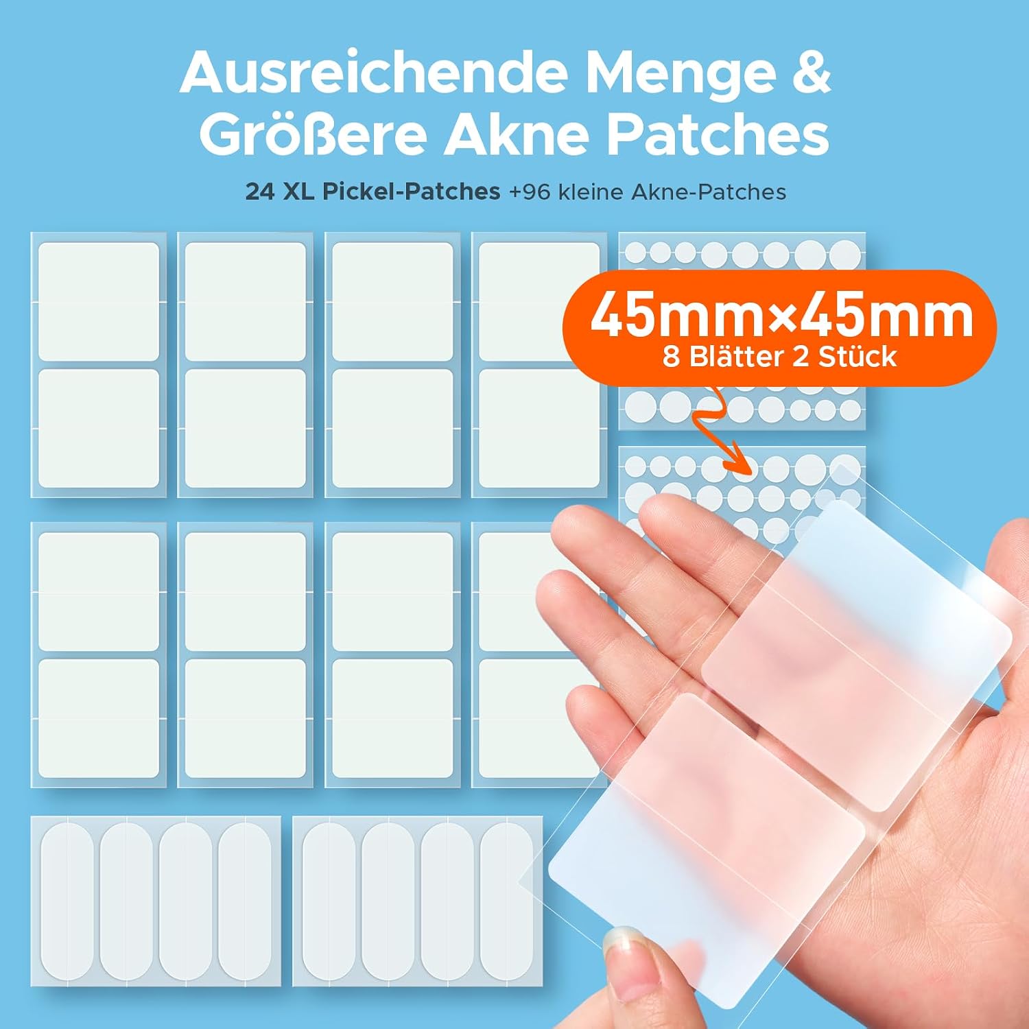 Detalle 2 de TKTK Pickel Patch für Gesicht – XL Hydrokolloid-Pflaster für große Akne-Bereiche (120 Stück, 5 Größen)