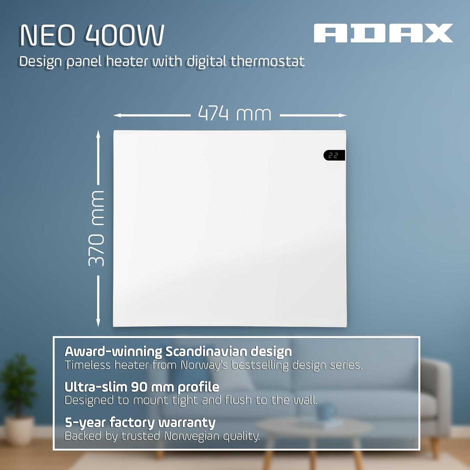 Thumbnail 3 de Adax Neo NP radiatore elettrico basso consumo 370 mm, 400 W con controllo digitale