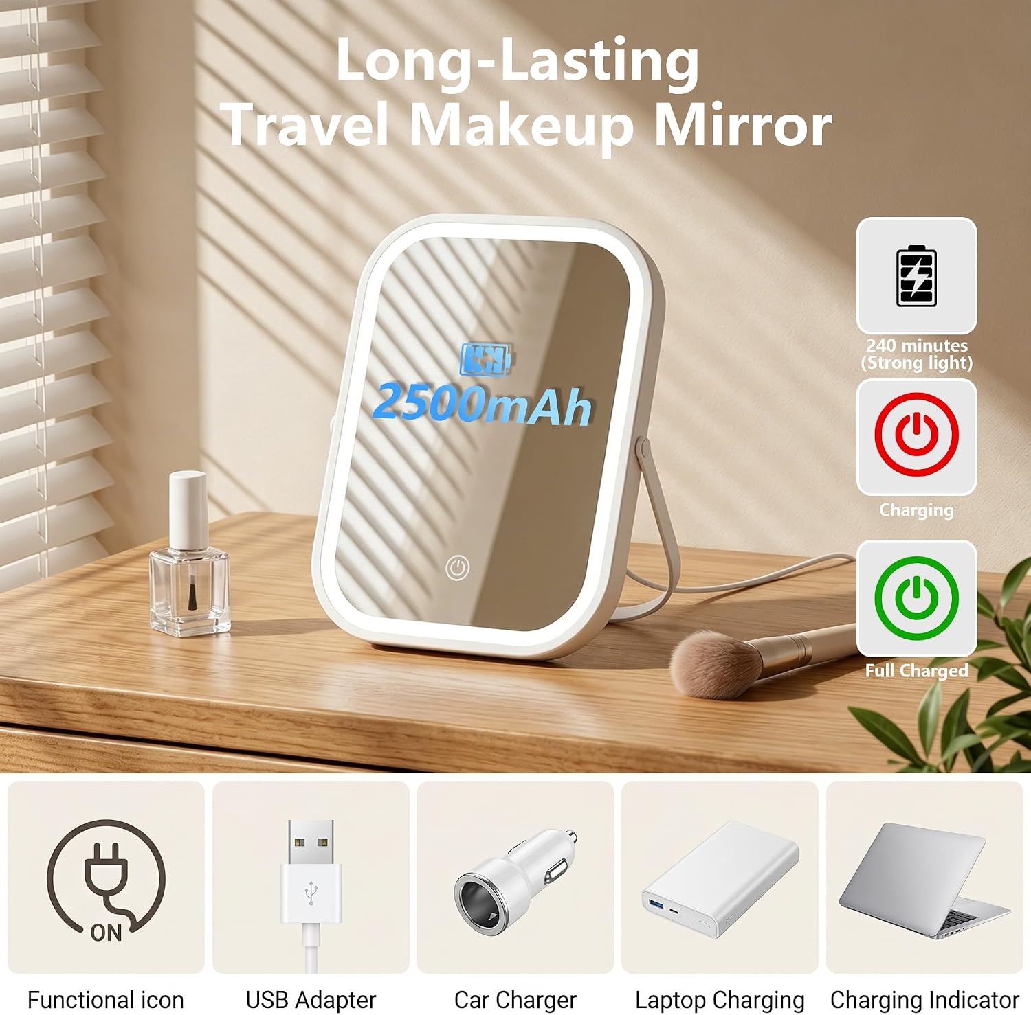 Thumbnail 1 de Ratsamee 6×8-inch Rechargeable Travel Makeup Mirror with 3 Light Modes