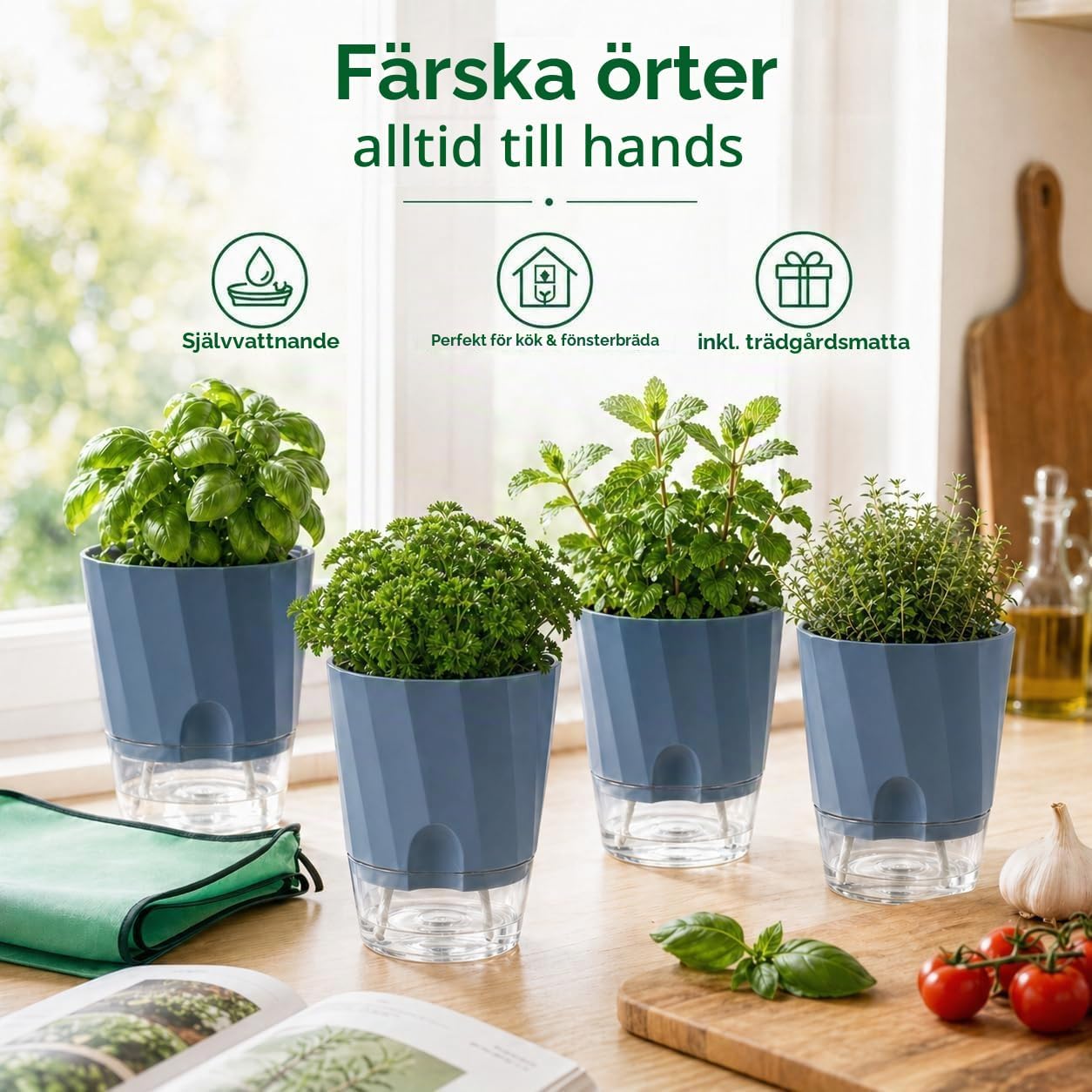 Detalle 1 de Feung gou självvattnande örtkrukor, 4-pack i blå PP-plast, 15,3 cm