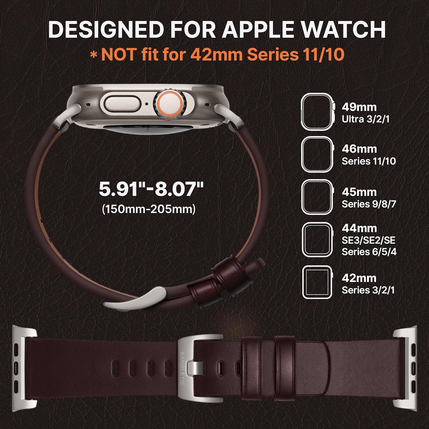 Detalle 2 de Bandletic Leather Straps for Apple Watch Ultra 3/2/1 and Series 11–1 – Genuine Leather Replacement Band