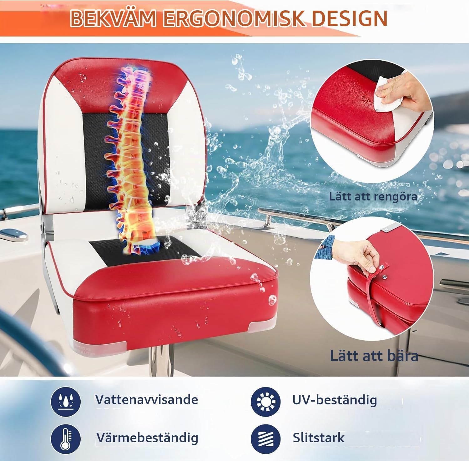 Thumbnail 4 de CYUREAY BS01 båtsäten, 2-pack – hopfällbara i röd/vit PVC